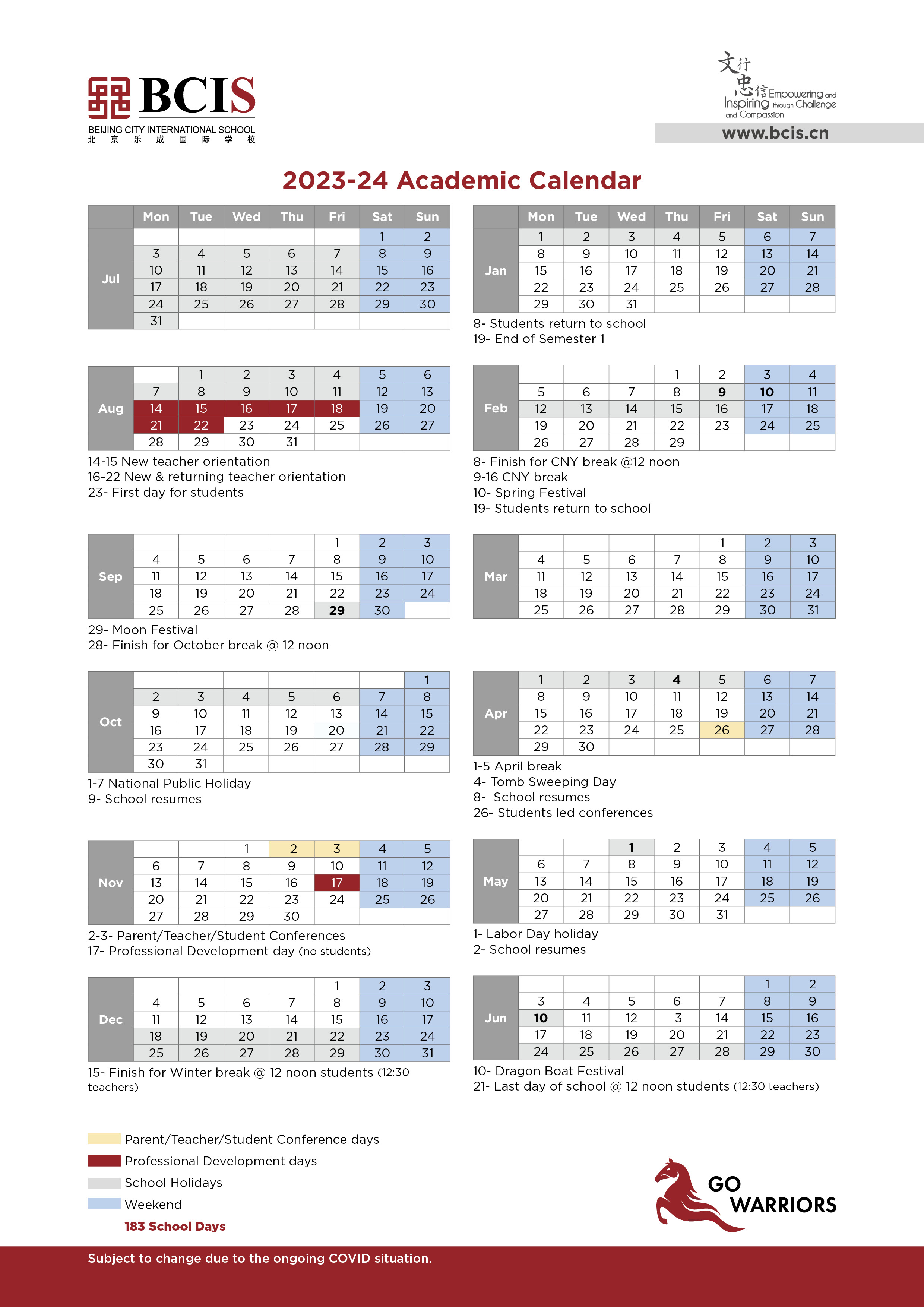 学校日历BCIS 2324 CALENDER北京乐成国际学校